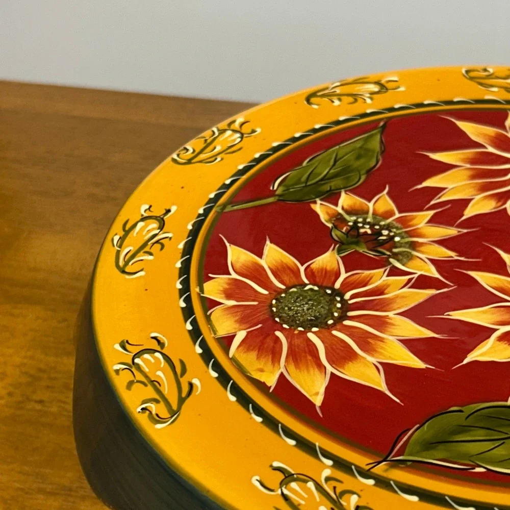 Pier 1 Imports Sunflower Hand Painted Terracotta Cake Stand Pedestal Server